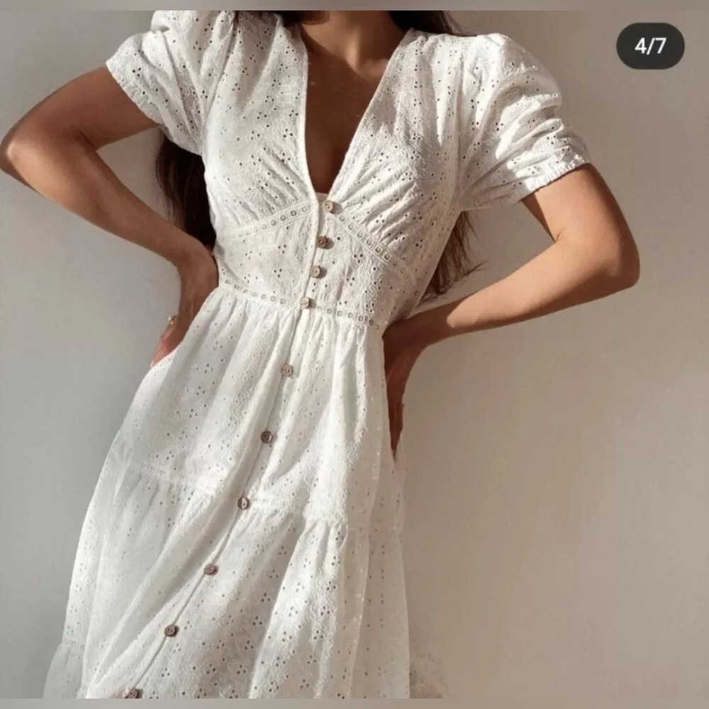 Zara White Lace Eyelet Boho Coastal Cottagecore Prairie Midi Dress Size Large - Picture 4 of 17